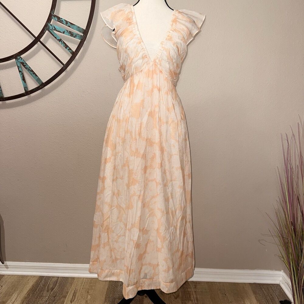 Mon Renn Daze Floral Print Maxi Dress Size 4 NWT Ivory & Peach Ruffle Sleeve